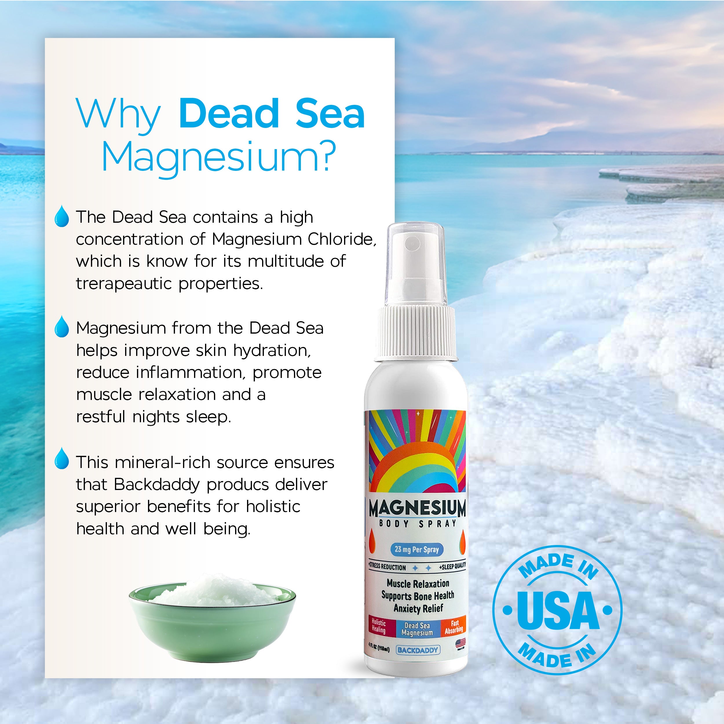 Backdaddy Dead Sea Magnesium Topical Spray 4oz Size - Pure Relief for Muscles and Joints, Calm Sleep, Less Itch, Less Sting, Made in USA - Natural Magnesium Chloride Formula